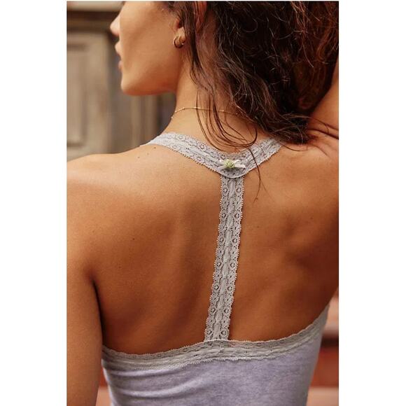 Free People Intimately EVIE ROSETTE Lace Trim T-Back Bodysuit in Gray M NWOT $50 - Picture 2 of 9